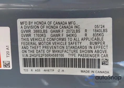2024 Honda Civic Sport from USA, damaged, VIN 2HGFE2F56RH588166